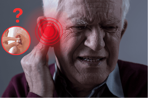 Elderly man grimacing from tinnitus pain, with a red circle emphasizing ear discomfort, and an inset showing a hand inserting a hearing aid to help alleviate symptoms.