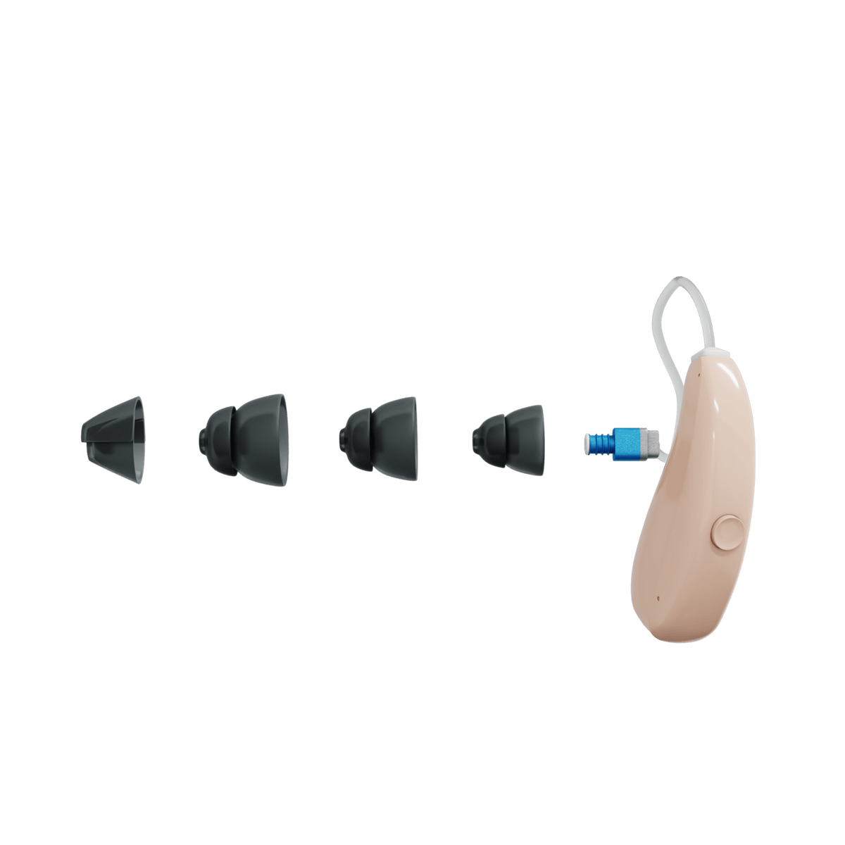 Audien hearing aid with interchangeable silicone ear tips in multiple sizes for customized fit