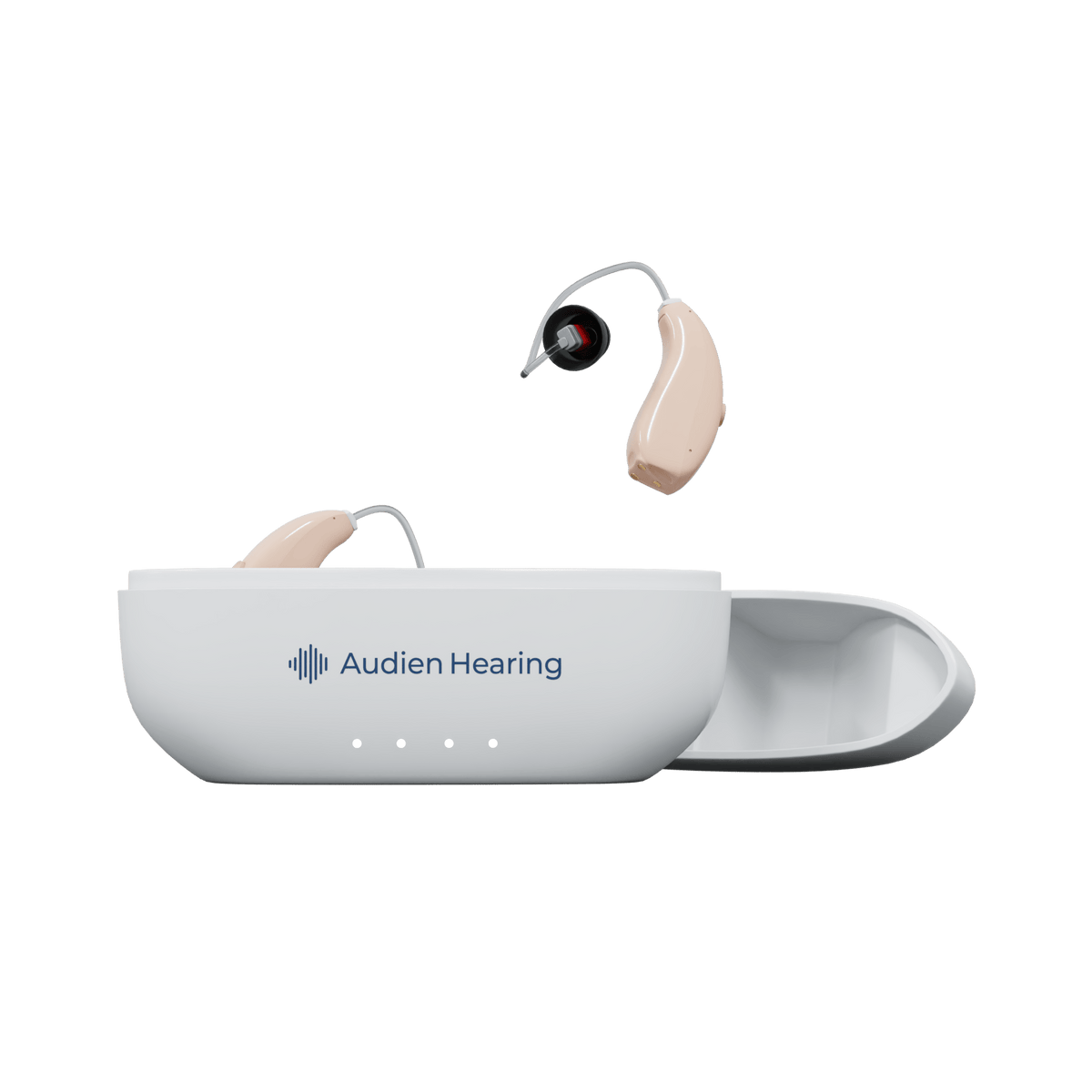 Audien Ion Pro hearing aids with one in charging case and one suspended above, front view