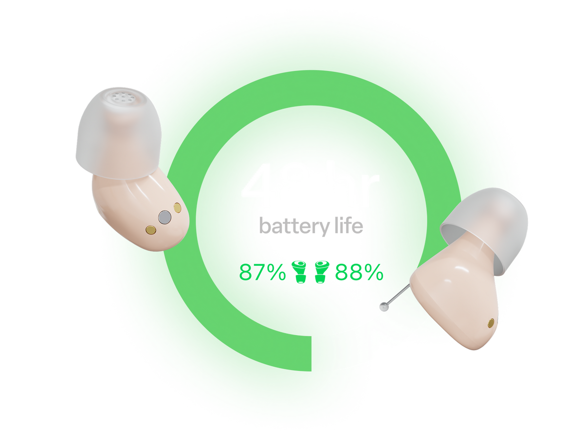 Binaural hearing aids with battery life indicator on a white background