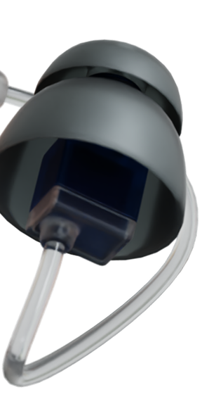 Close-up of Audien hearing aid ear tip showing detailed silicone design and sound tubing

